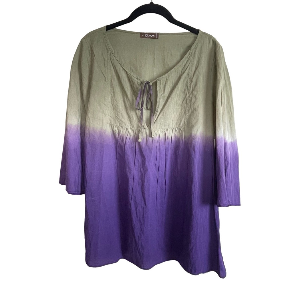 XCVI Top Women's Size S Boho Tie Dye Green Purple 3/4 Sleeve Tie Neck Babydoll